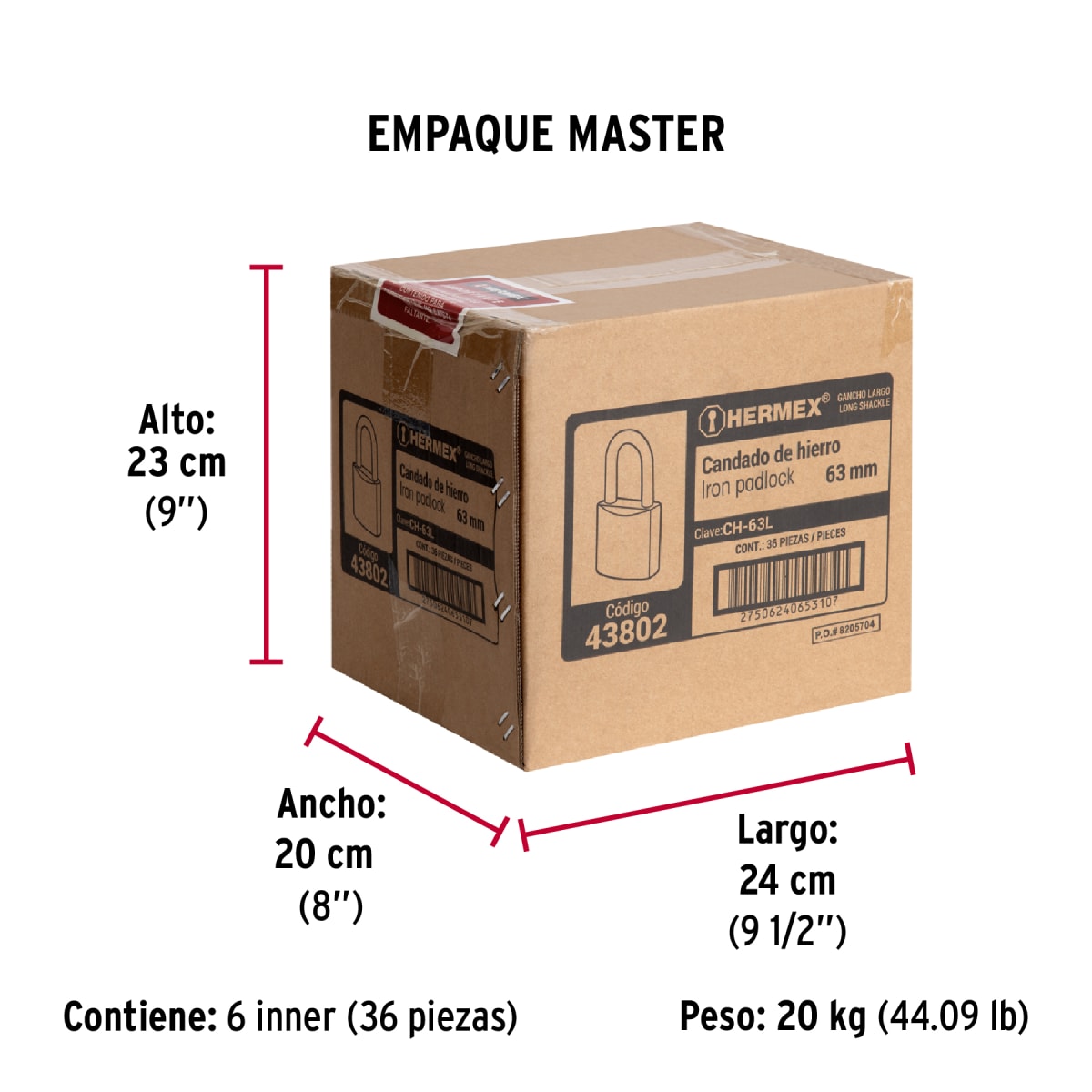 Candado Cuerpo De Hierro Arco Largo 63 Mm Hermex 438029
