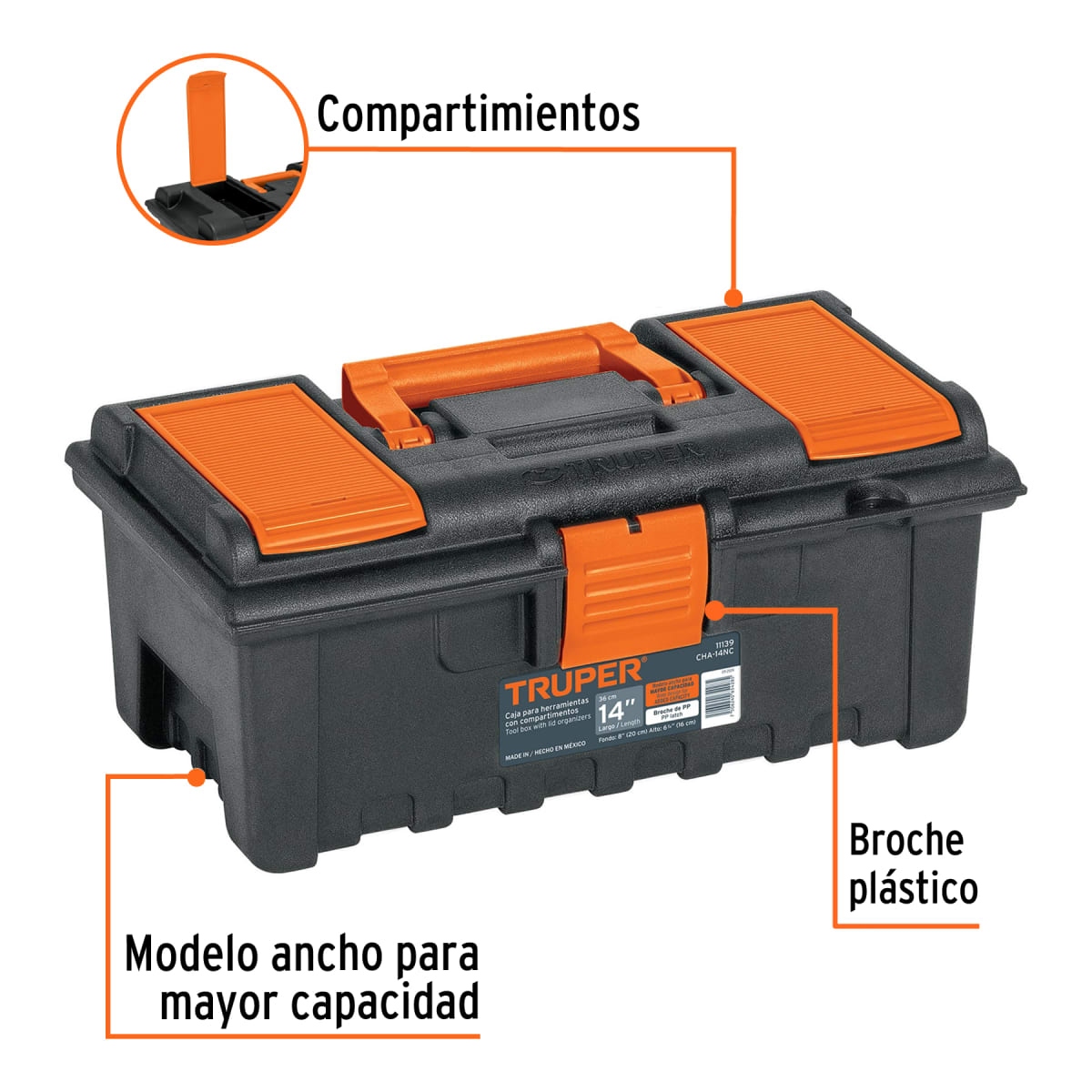 Caja para herramientas plástica con compartimentos, naranja Truper2