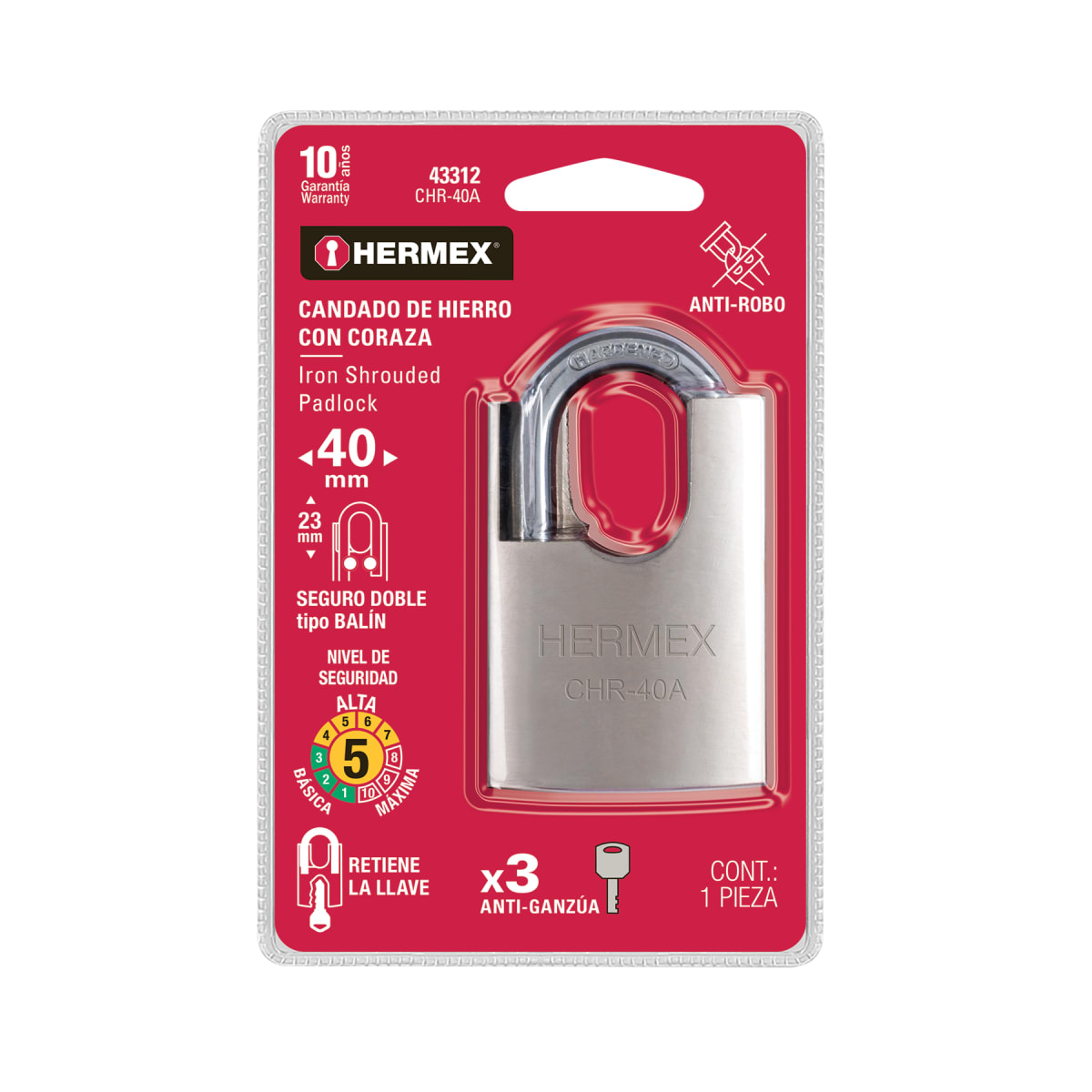 Candado Cuerpo Acorazado De Hierro Alta Seguridad 40 Mm Hermex 433126
