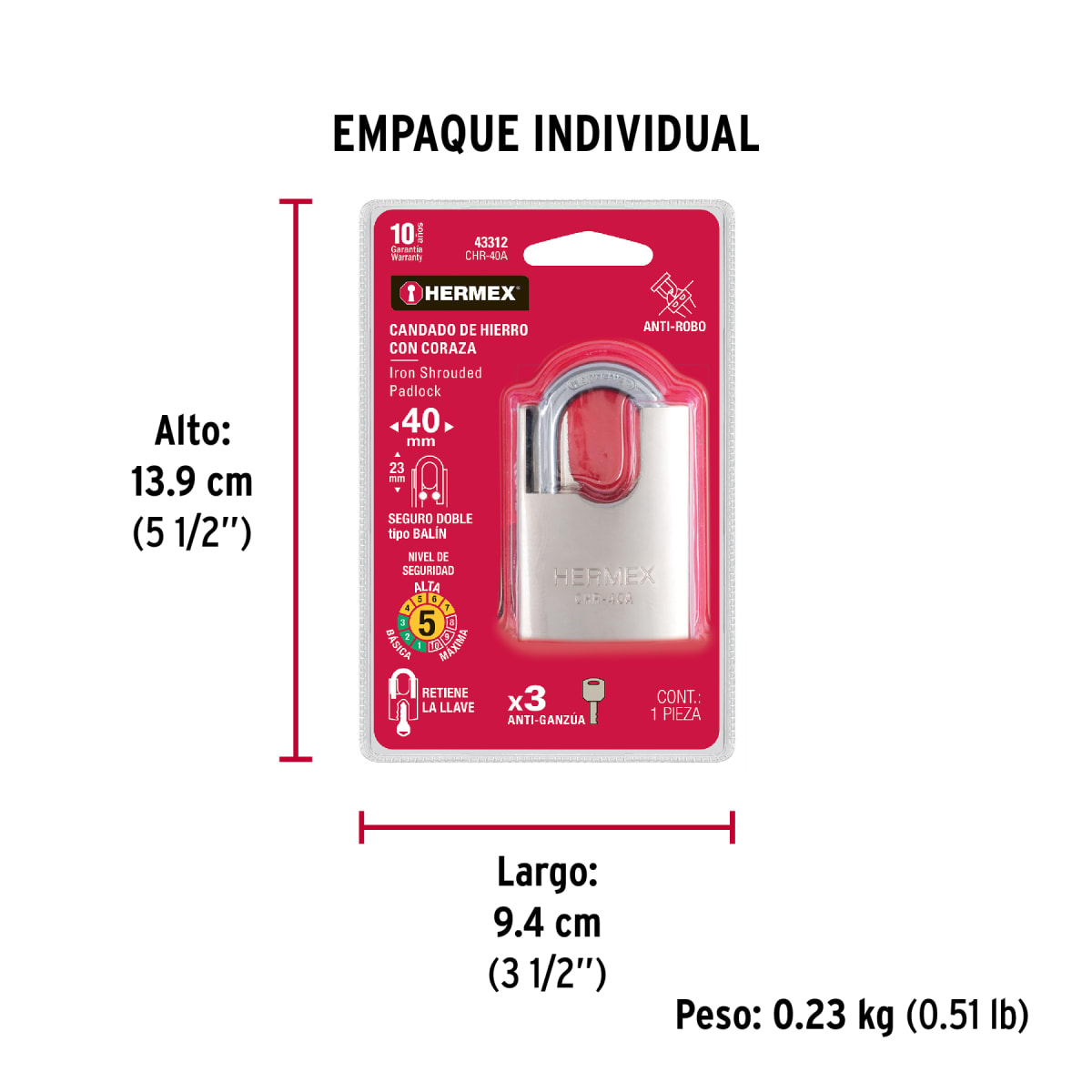 Candado Cuerpo Acorazado De Hierro Alta Seguridad 40 Mm Hermex 433128