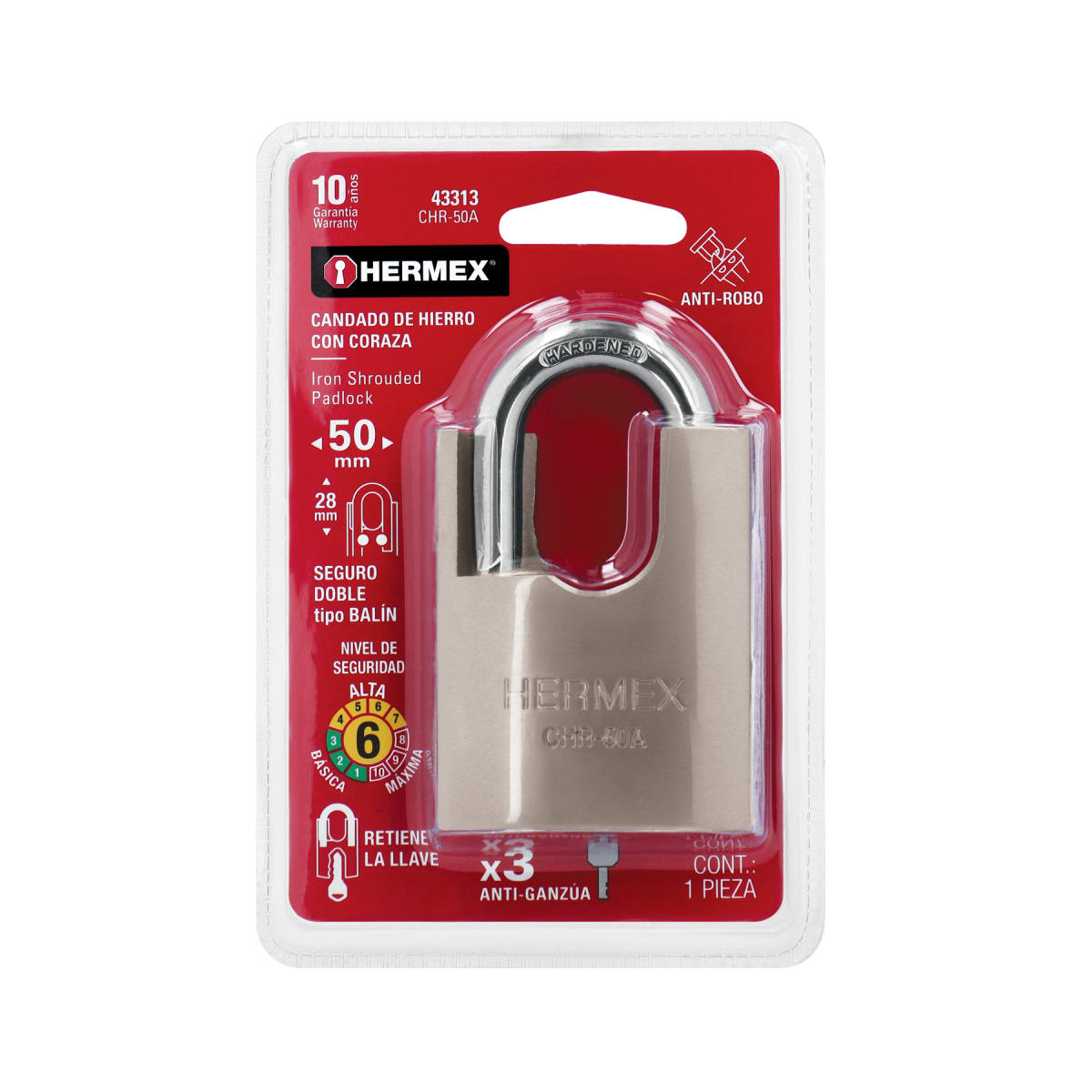 Candado Cuerpo Acorazado De Hierro Alta Seguridad 50 Mm Hermex 433136
