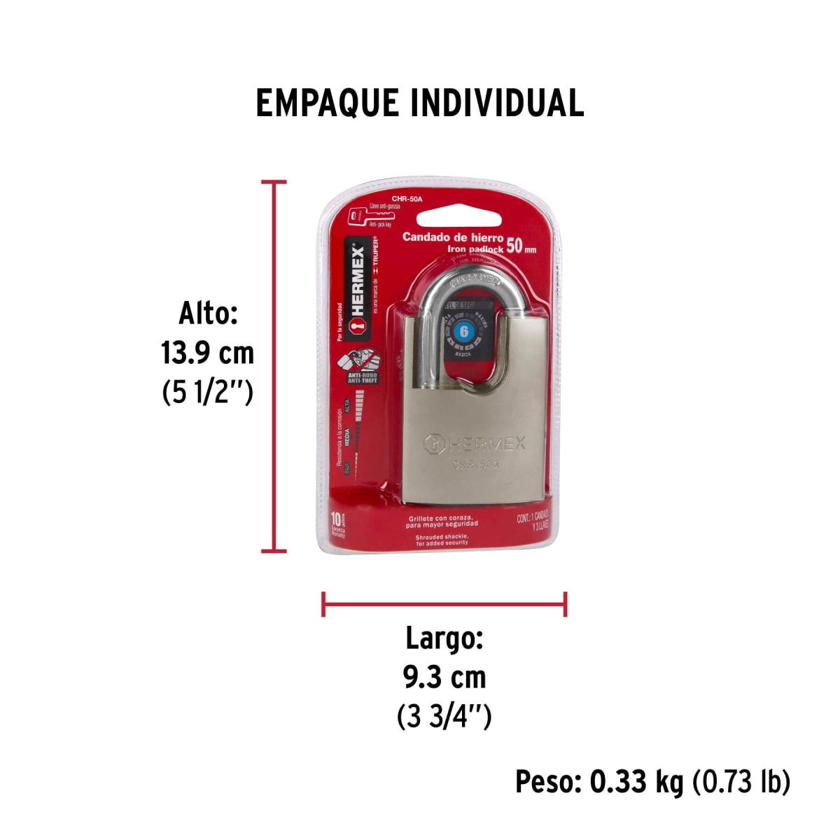 Candado Cuerpo Acorazado De Hierro Alta Seguridad 50 Mm Hermex 433138