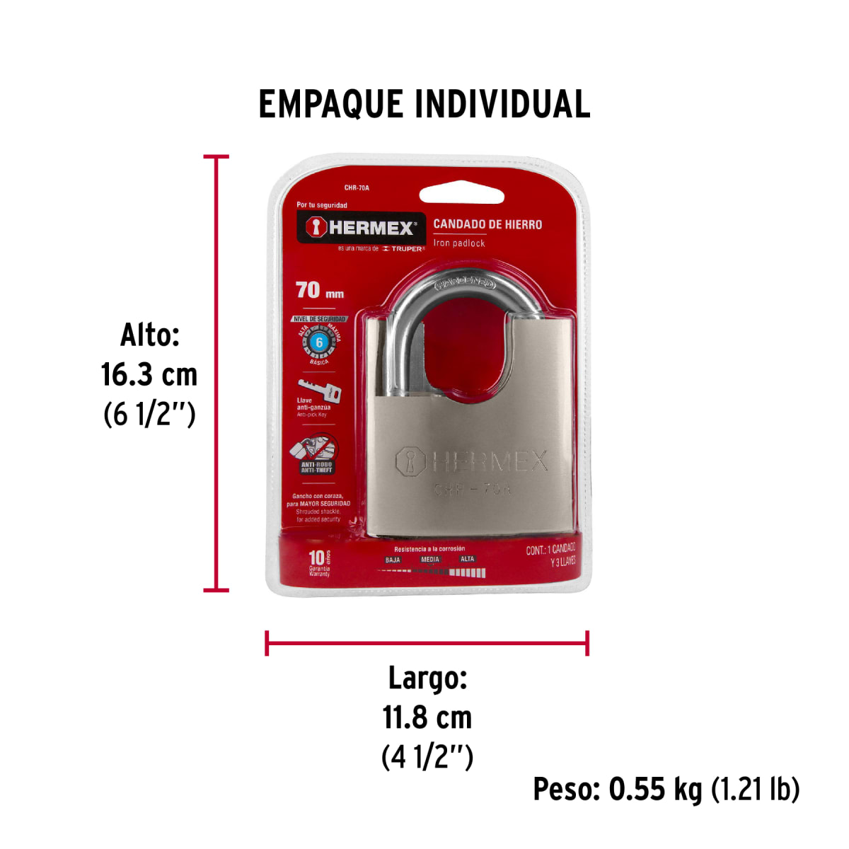 Candado Cuerpo Acorazado De Hierro Alta Seguridad 70 Mm Hermex 430037