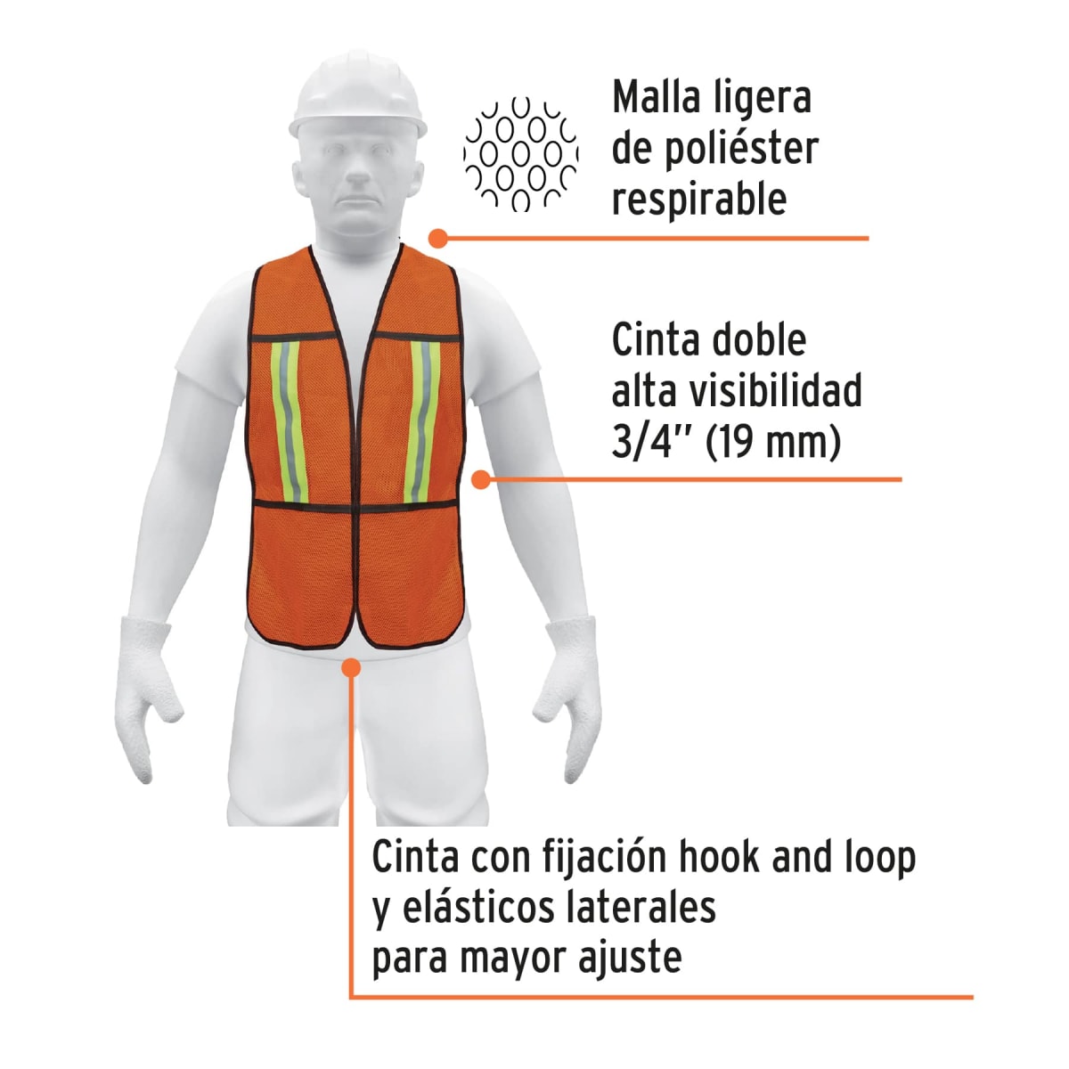Chaleco De Seguridad Con Cintas Reflectivas Naranja Truper 210253