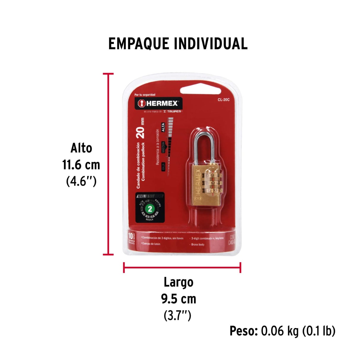 Candado De Combinación, Latón, 20 Mm Hermex 433468