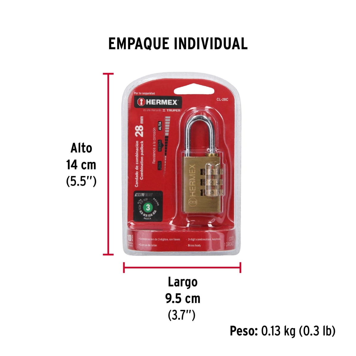 Candado De Combinación, Latón, 28 Mm Hermex 433477