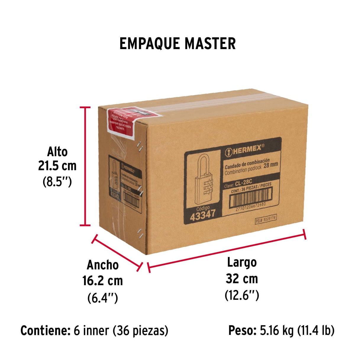 Candado De Combinación, Latón, 28 Mm Hermex 433478