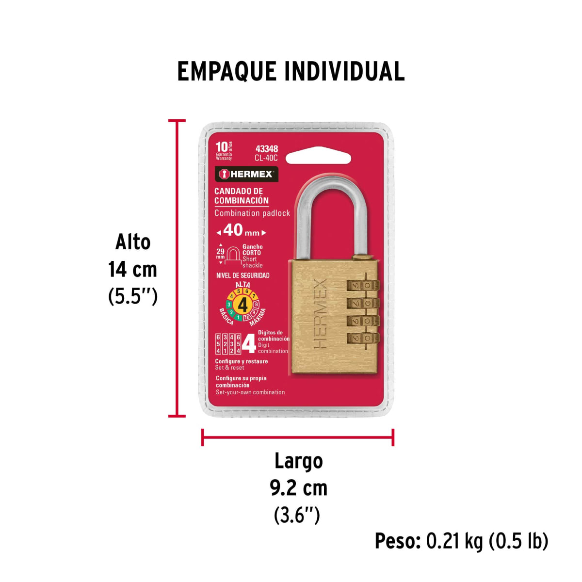 Candado de combinación cuerpo de latón en blíster Hermex7