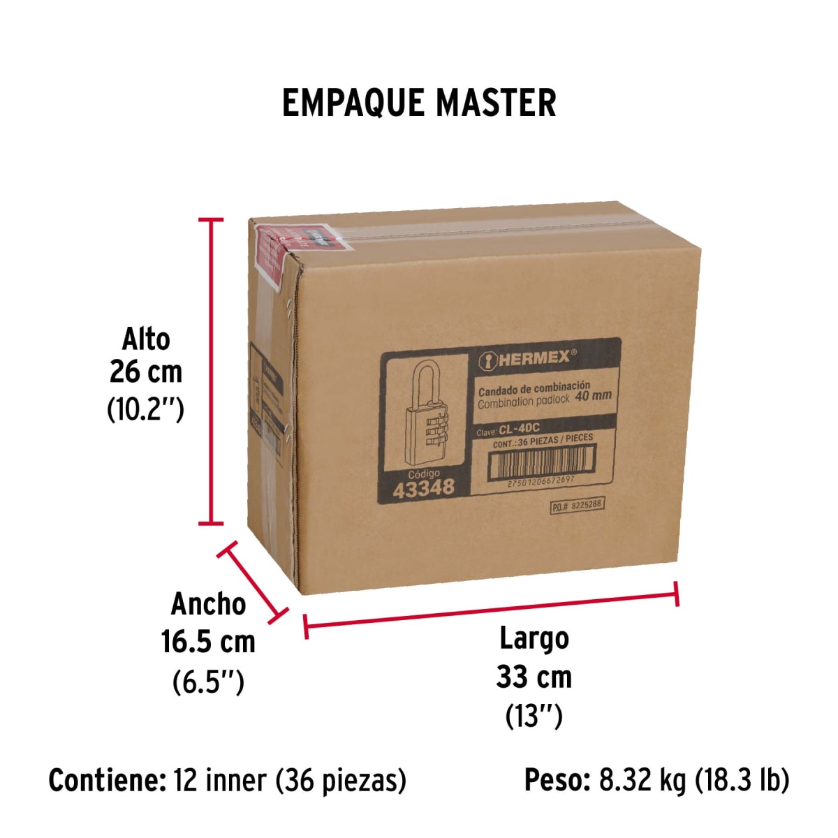 Candado de combinación cuerpo de latón en blíster Hermex8