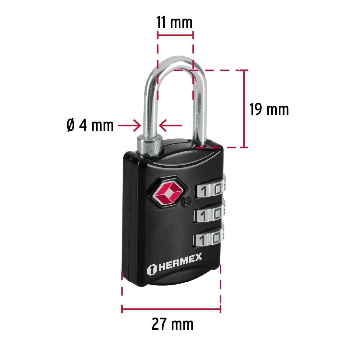 Candado maletero de combinación 27 mm, seguridad tsa 46291 Hermex3