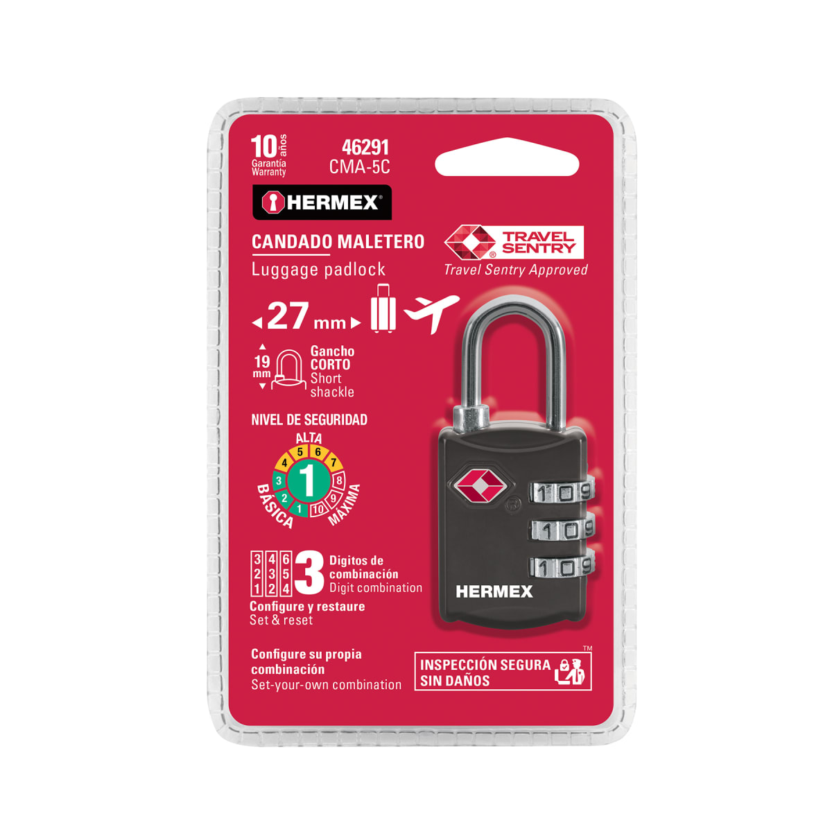 Candado maletero de combinación 27 mm, seguridad tsa 46291 Hermex6