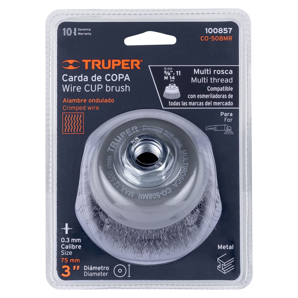 Carda de copa, alambre ondulado fino, Multi rosca Truper 1008577