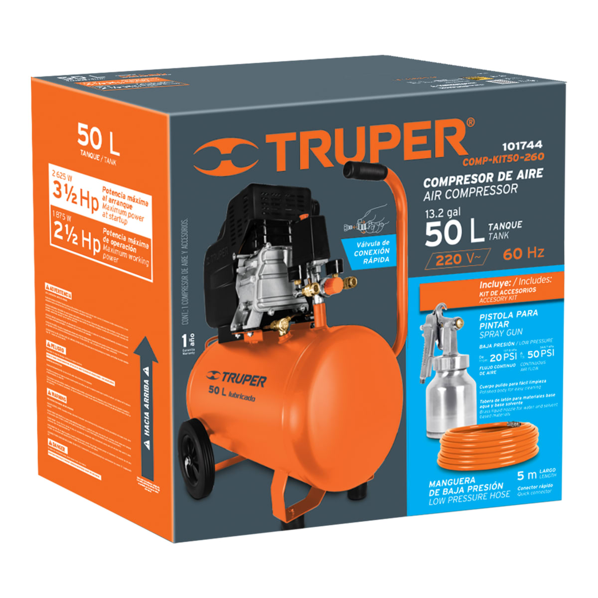 Combo Compresora 50 Litros Manguera y Pistola para Pintar Truper 1017444
