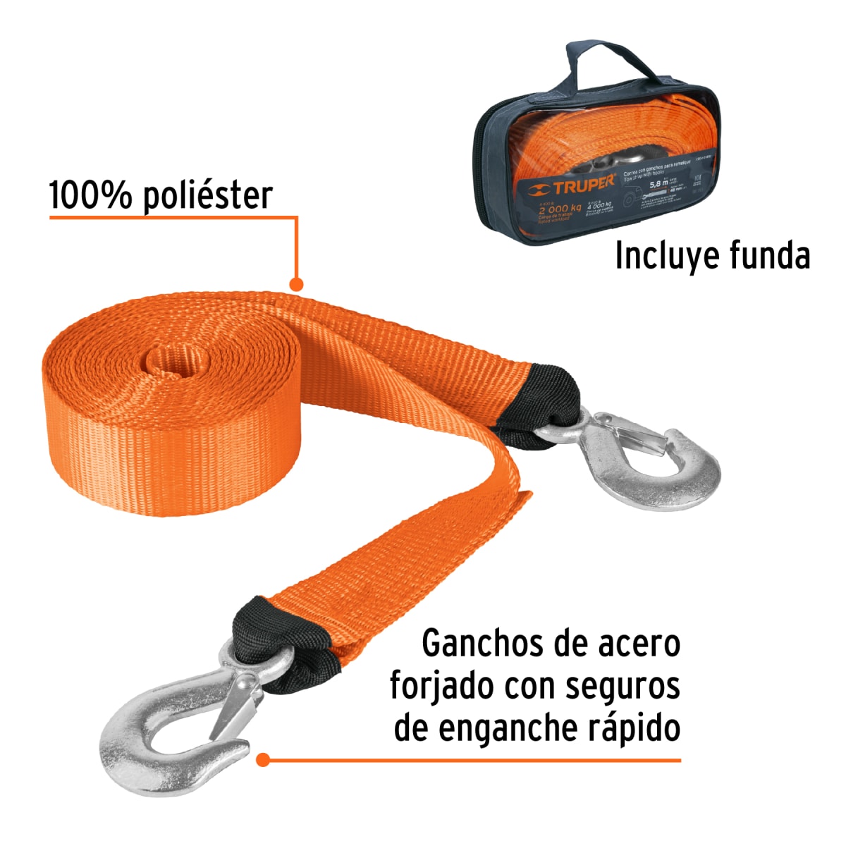 Correa Para Remolque Con Ganchos, 48 mm X 5.8Mts Truper 183442