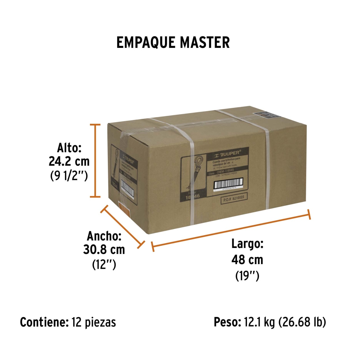 Cuerda para remolque con ganchos,7/8' x 4.5m Truper 183466