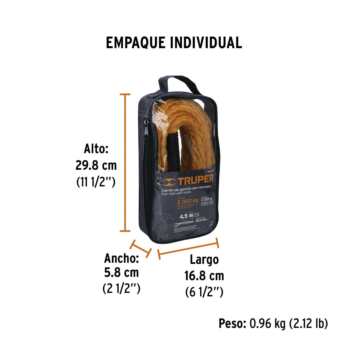 Cuerda para remolque con ganchos,7/8' x 4.5m Truper 18346 0