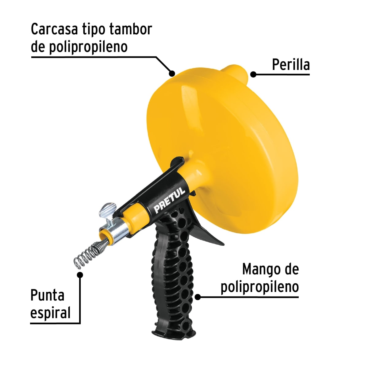 Destapacaños Tipo Tambor De 7.6 Mts Con Mango Pretul 228812