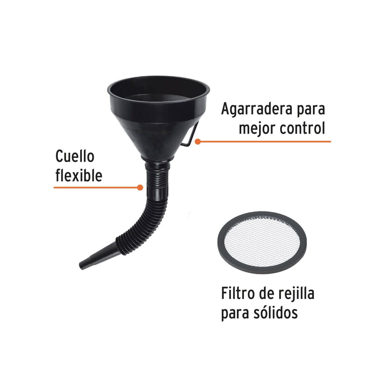 Embudo Plástico 500 Ml Con Filtro Cuello Flexible Truper 112072
