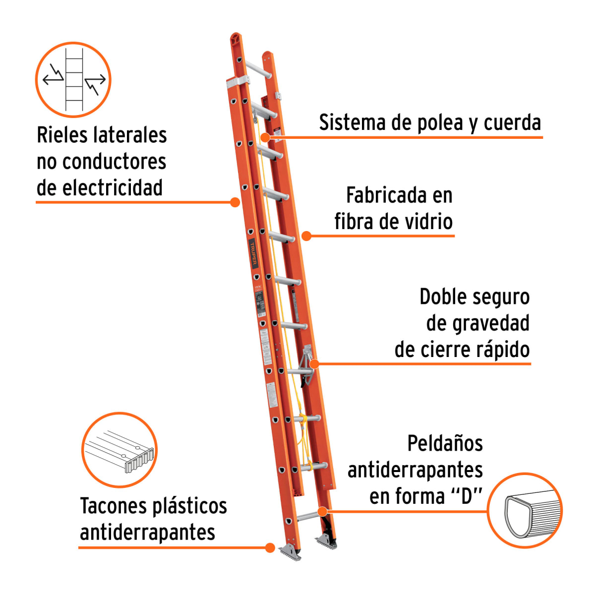 Escalera Fibra De Vidrio Telescópica De 20 Pasos 175 Kg Tipo II Truper 1002282