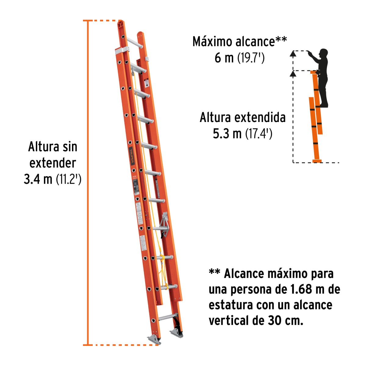 Escalera Fibra De Vidrio Telescópica De 20 Pasos 175 Kg Tipo II Truper 1002283