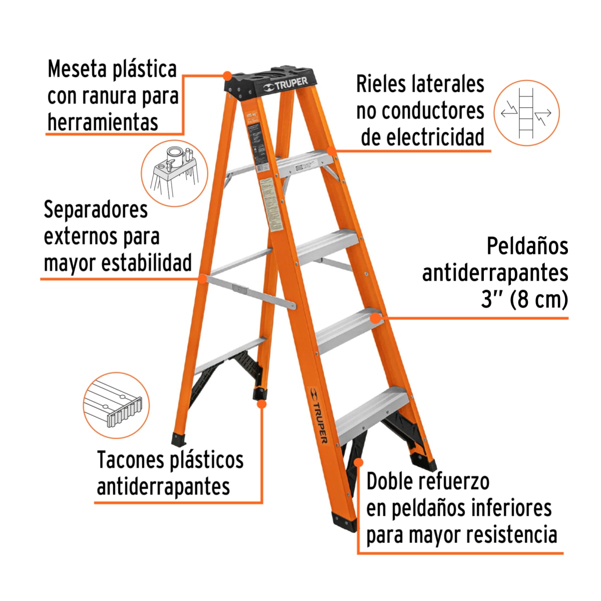 Escalera Fibra De  Vidrio Tipo Tijera 4 Escalones 175 Kg Tipo II Truper 1002243