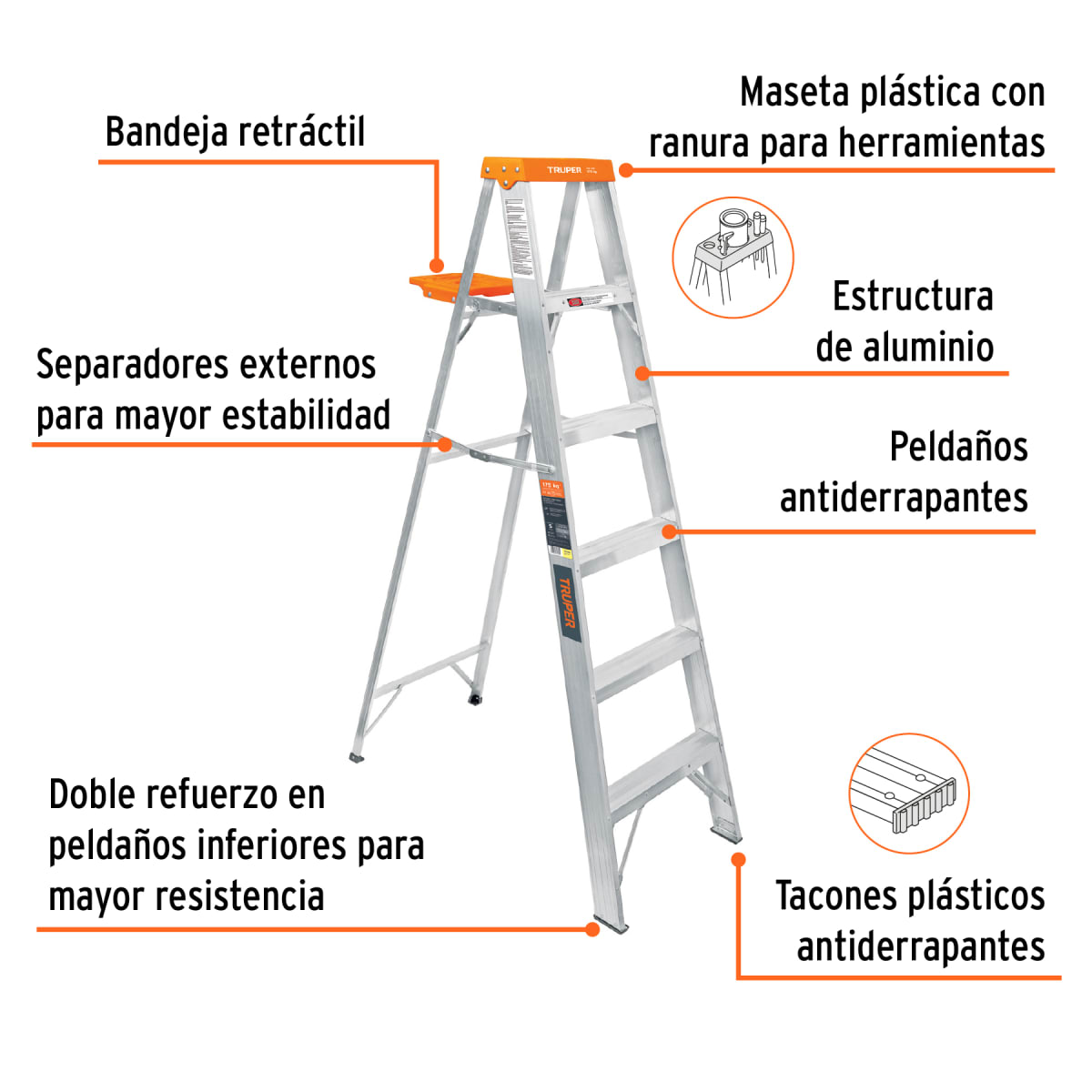 Escalera  tijera Aluminio tipo II con bandeja, 5 peldaños, 175 kg3