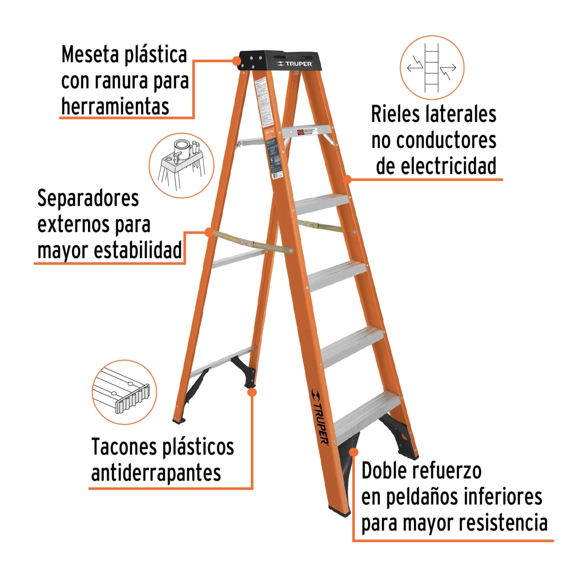 Escalera Tijera De Fibra De Vidrio 5 Peldaños Capacidad De Carga 175 Kg Truper 1002253