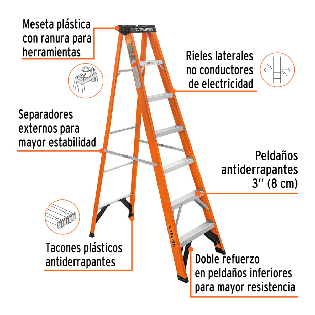 Escalera Fibra De  Vidrio Tipo Tijera 6 Escalones 175 Kg Tipo II Truper 1002263