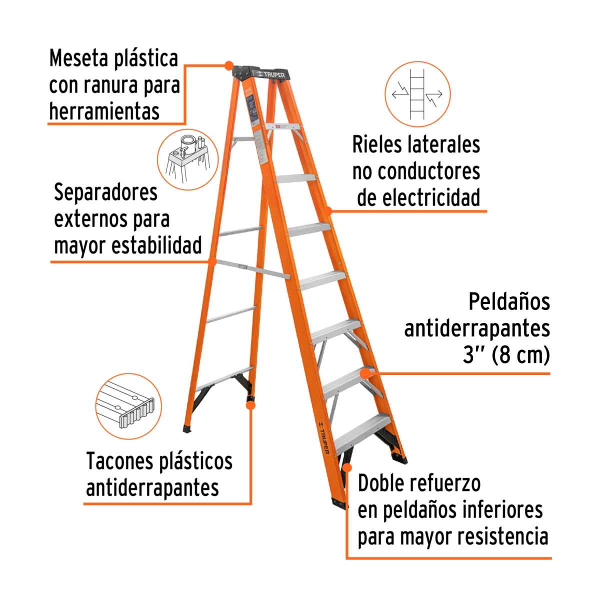 Escalera Fibra De  Vidrio Tipo Tijera 7 Escalones 175 Kg Tipo II Truper 1002273