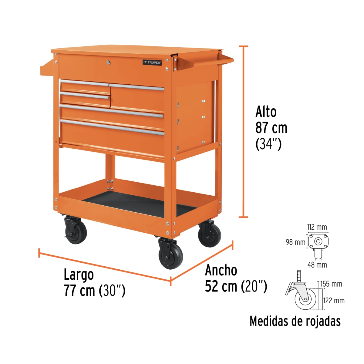 Gabinete Metálico Móvil Con 5 Cajones Capacidad 320 Kg Truper 1017333