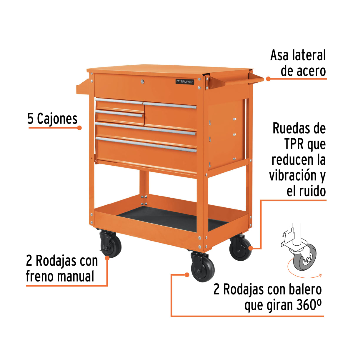 Gabinete Metálico Móvil Con 5 Cajones Capacidad 320 Kg Truper 1017334