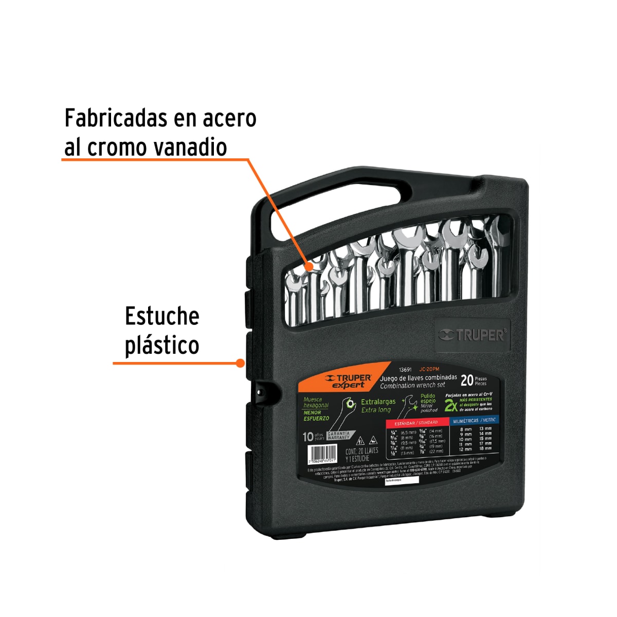 Juego De 20 LLaves Mixtas Std y mm Pulidas Truper 136912