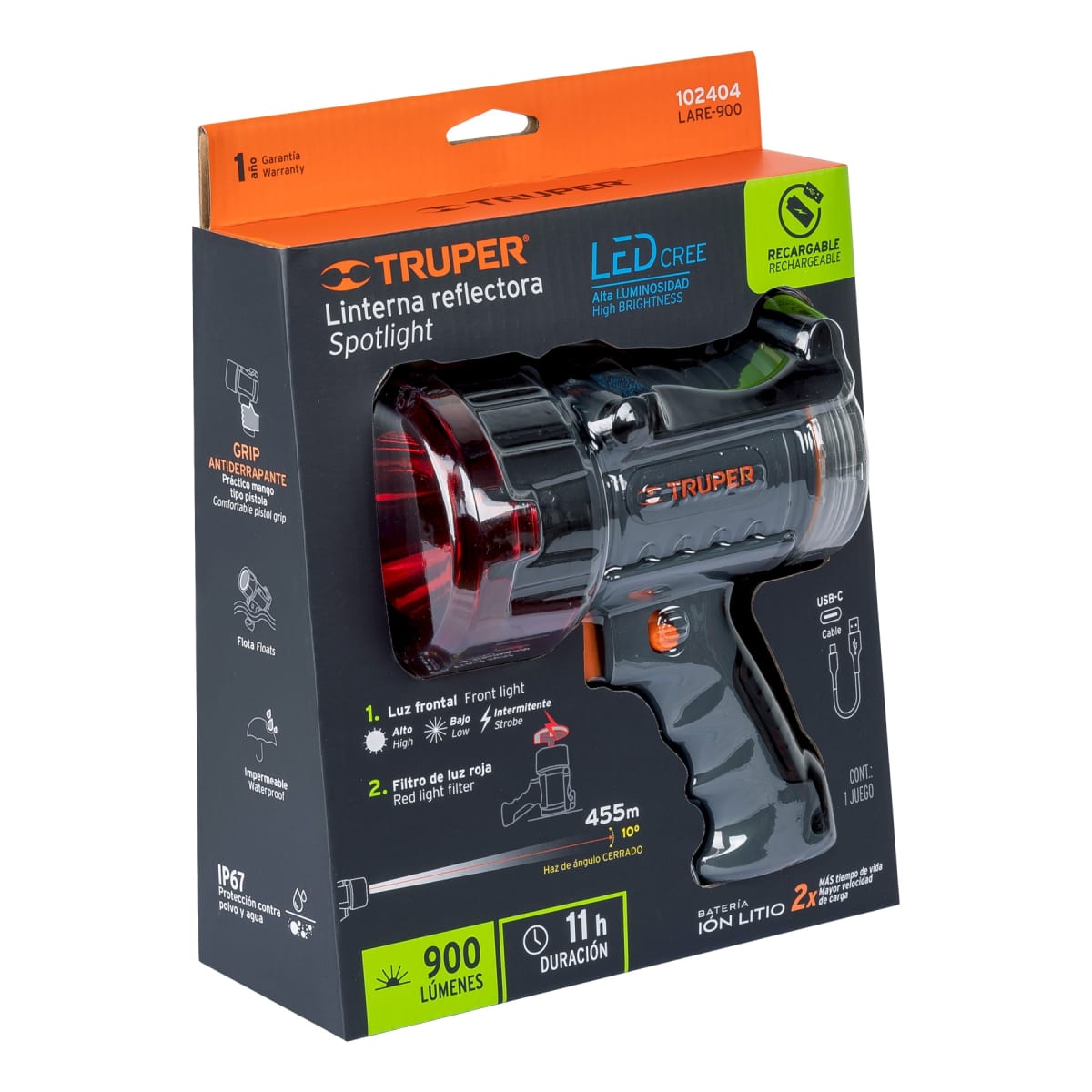 Linterna Led 900 Lumines Recargable IP67 Truper 1024048