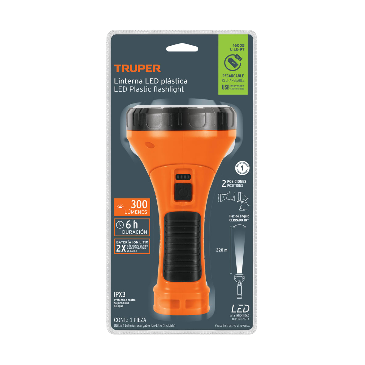 Linterna Plástica Recargable Led, 300 Lm Truper 160059