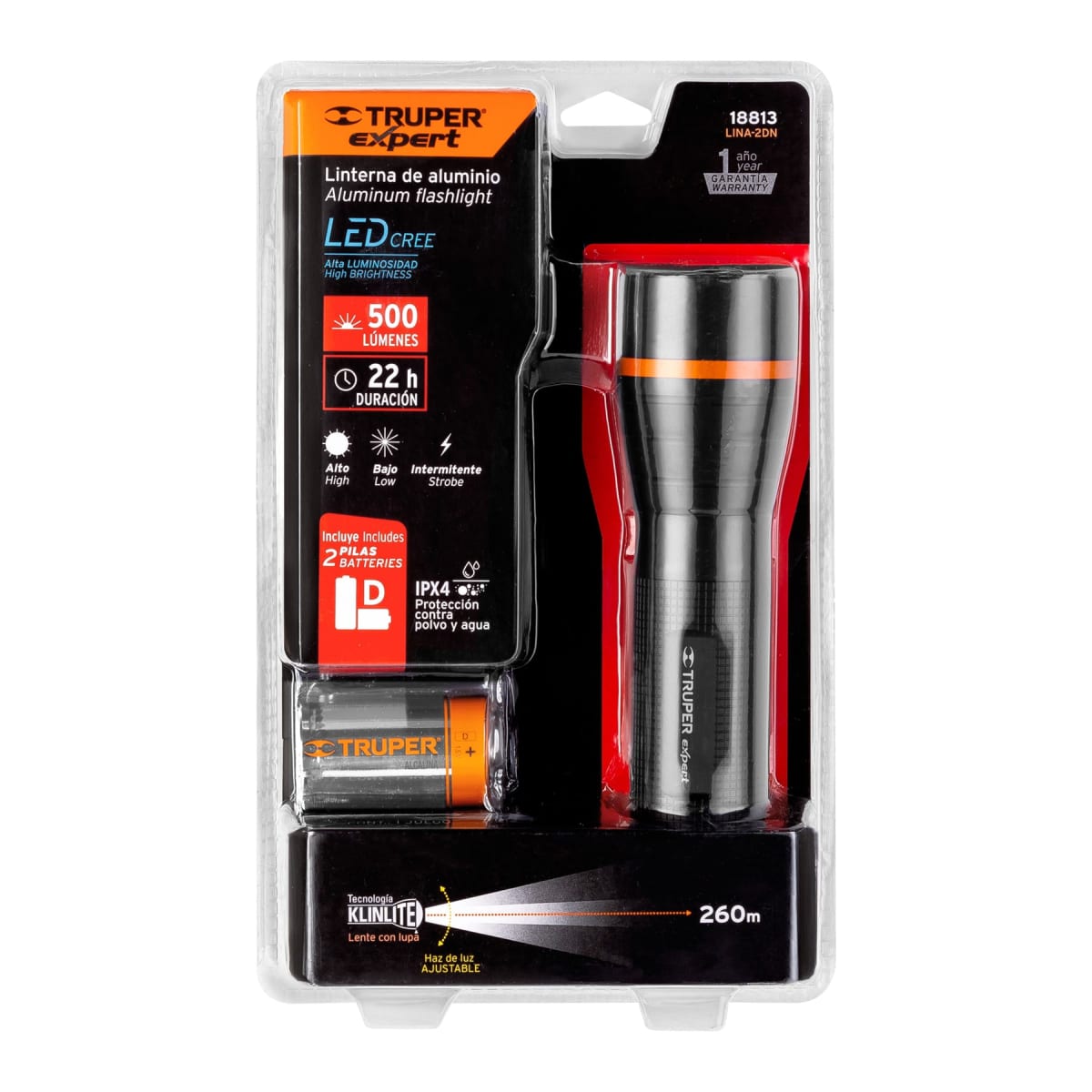 Linterna De Aluminio De Pilas, 350 Lm,Profesional, 2 Pilas D4