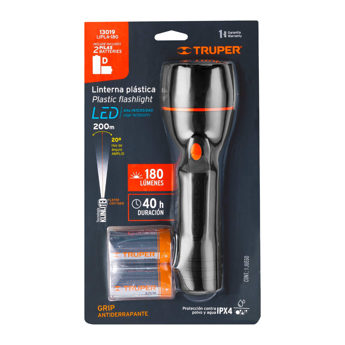 Linterna Plástica De Pilas Tipo D 180 Lumines Truper 130194