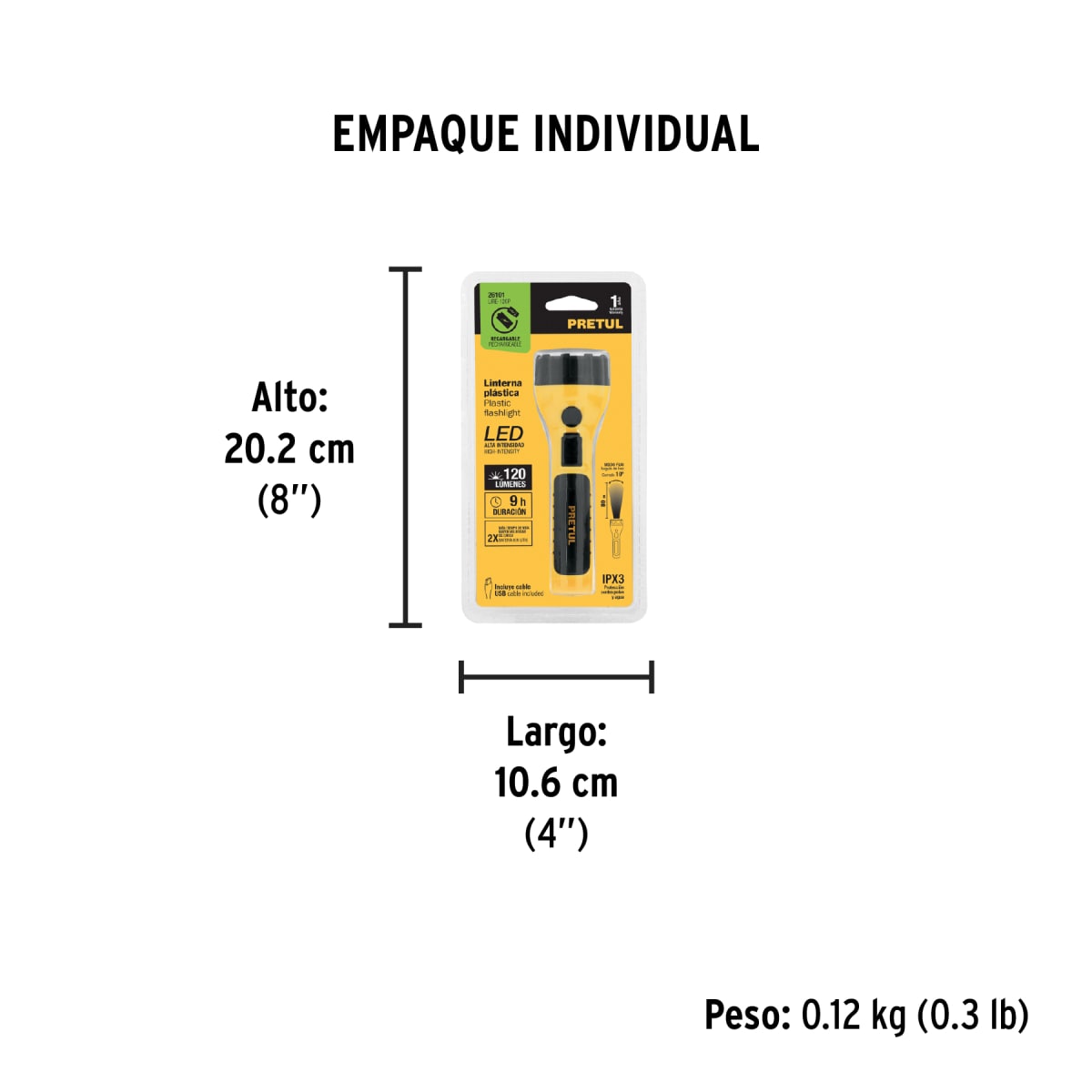 Linterna Plástica Recargable Led, 120 Lm Pretul 261017