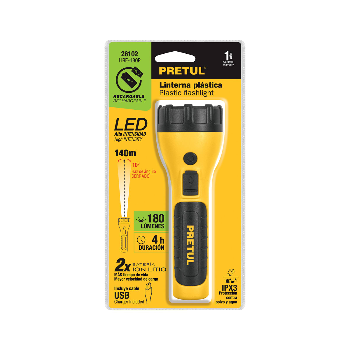 Linterna Plástica Recargable Led, 180 Lm Pretul 2610210