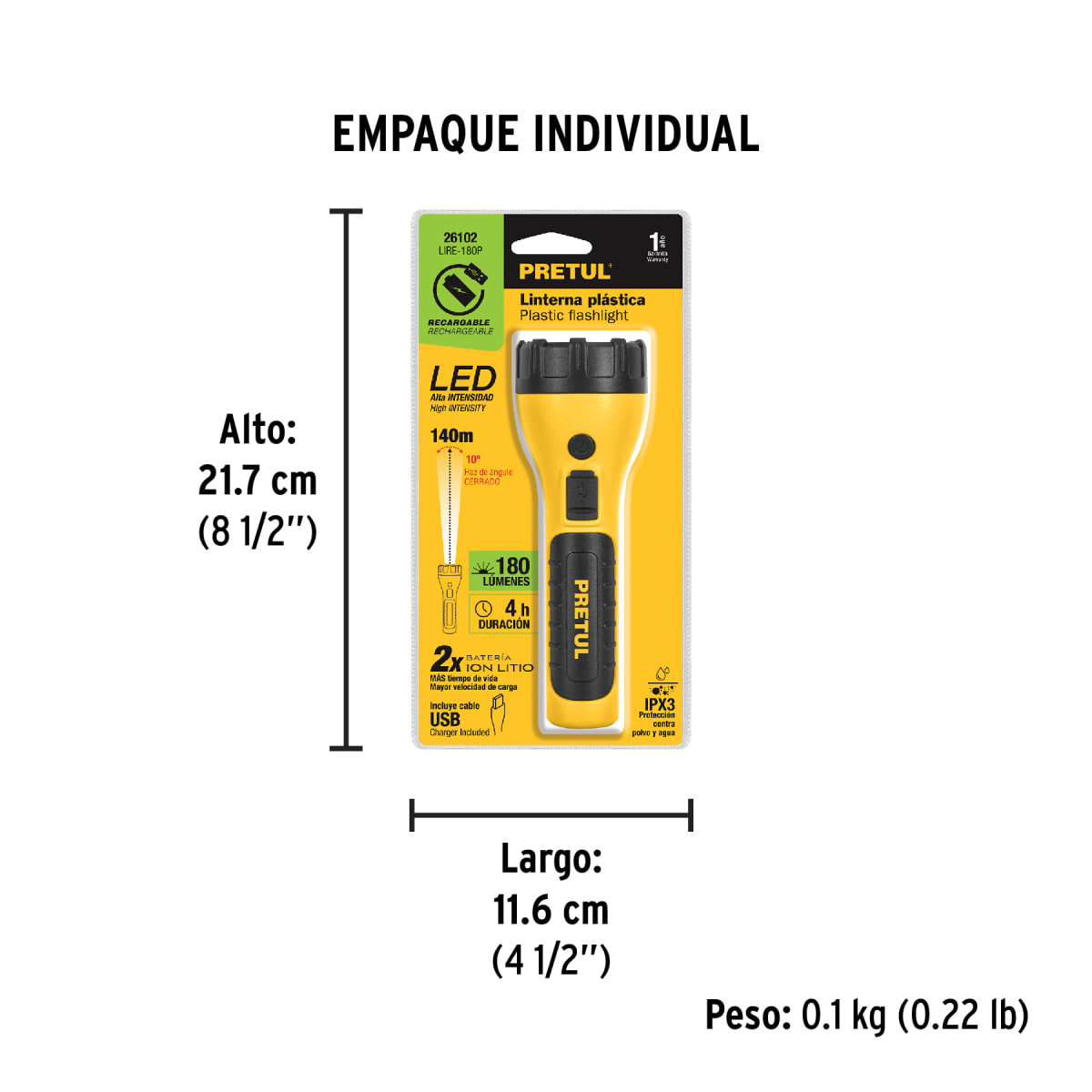 Linterna Plástica Recargable Led, 180 Lm Pretul 261027