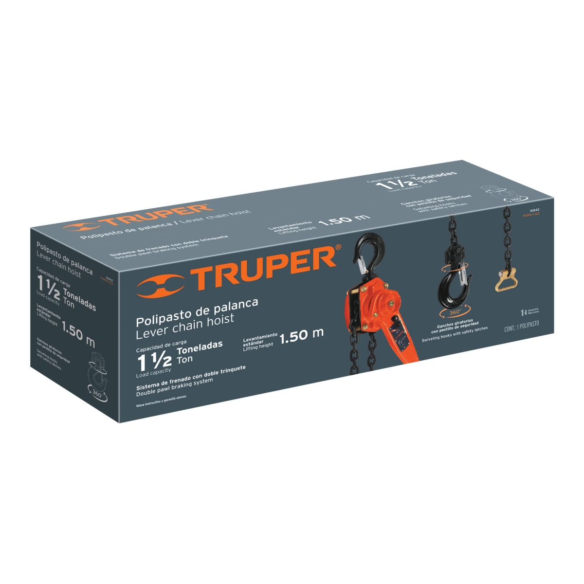 Tecle Palanca con Cadena 1.5M X 1-1/2 Ton Truper 168425