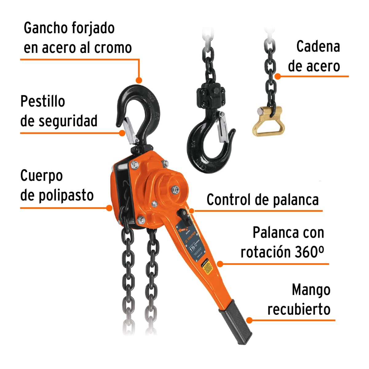 Tecle Palanca con Cadena 1.5M X 1-1/2 Ton Truper 168422