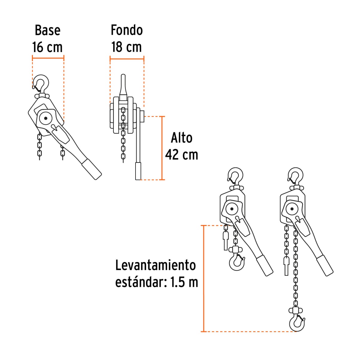 Tecle Palanca con Cadena 1.5M X 1-1/2 Ton Truper 168423