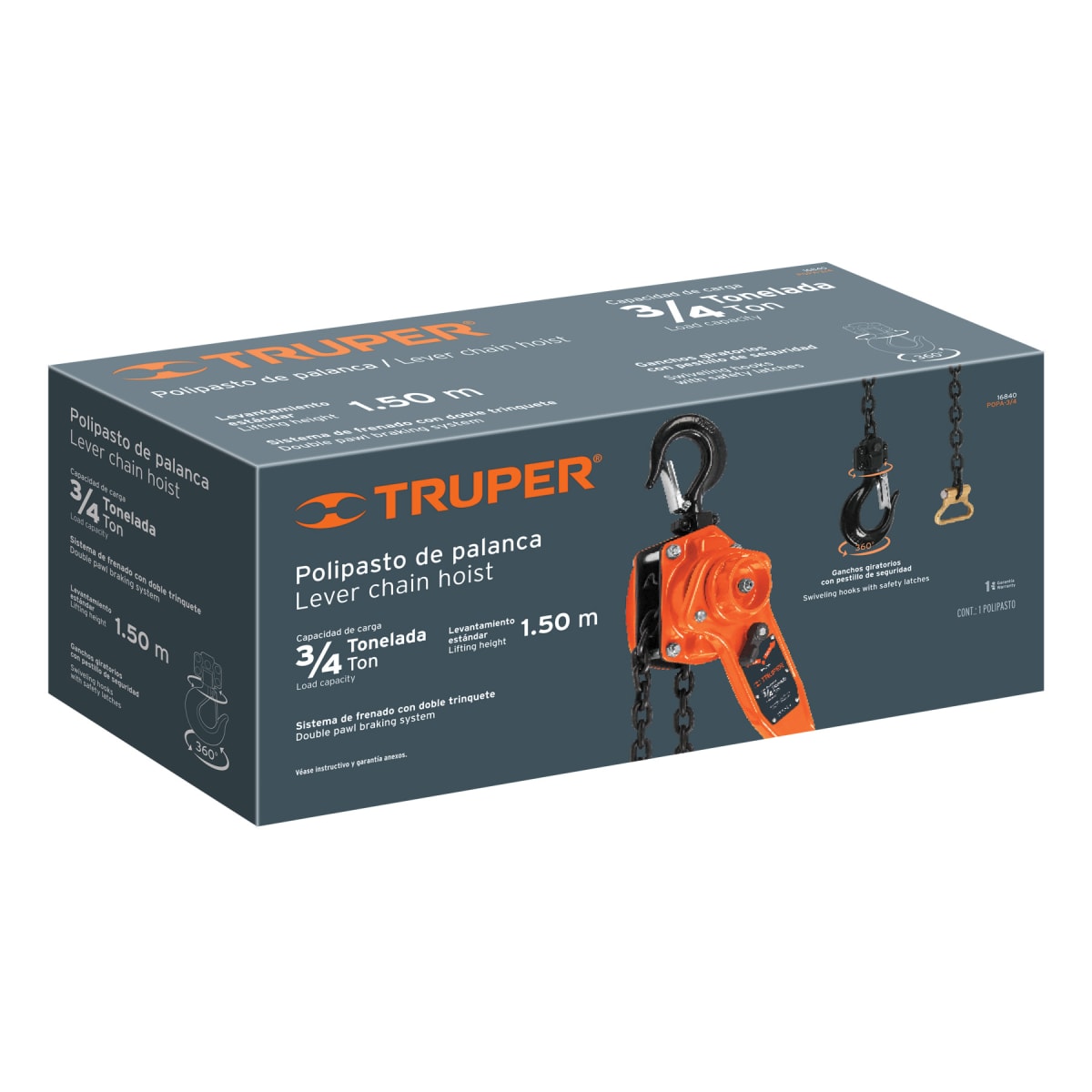 Tecle Palanca con Cadena 1.5M X 3/4Ton Truper 168405