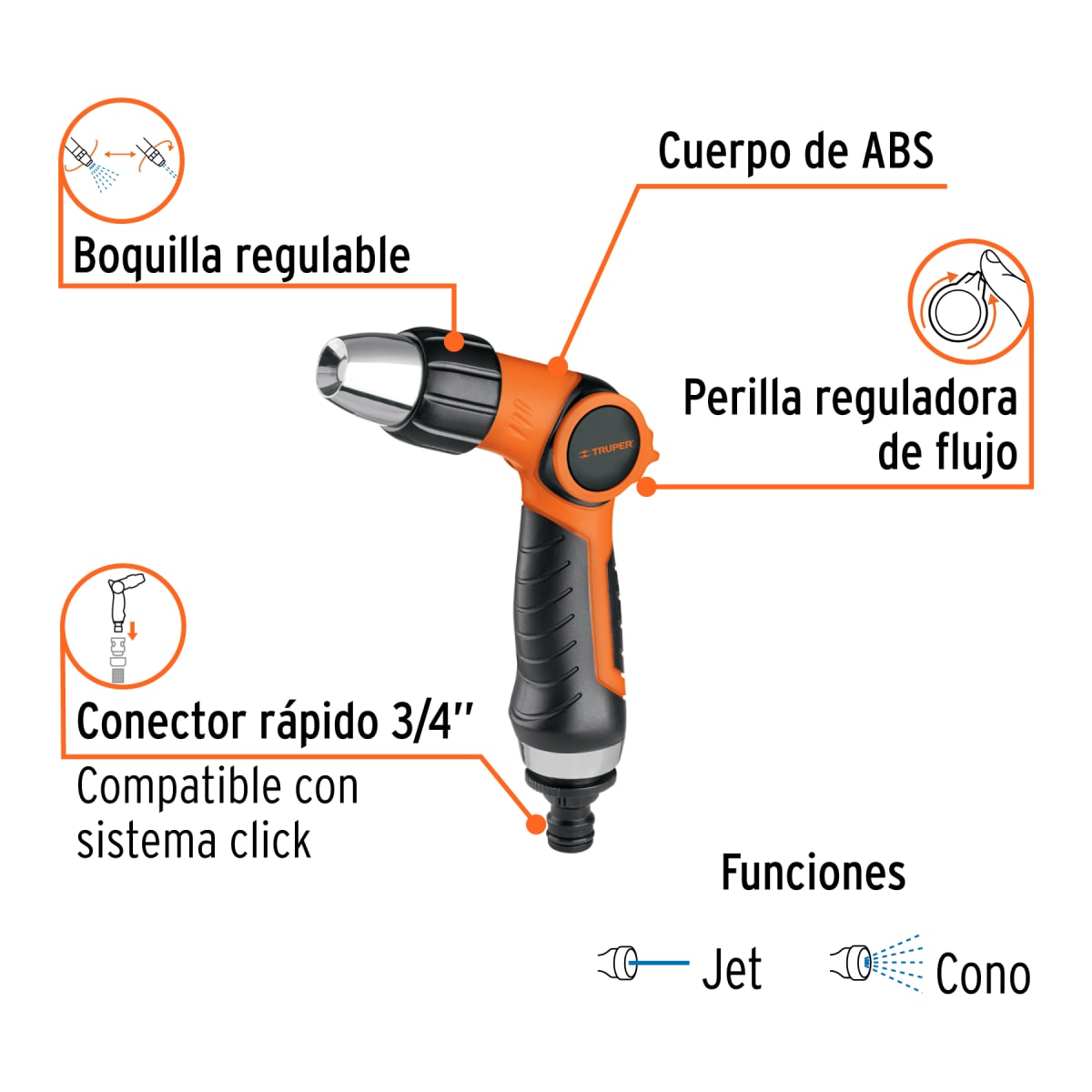 Pistola Para Riego 2 Funciones Plastico Con Boquilla Regulable Truper 174804