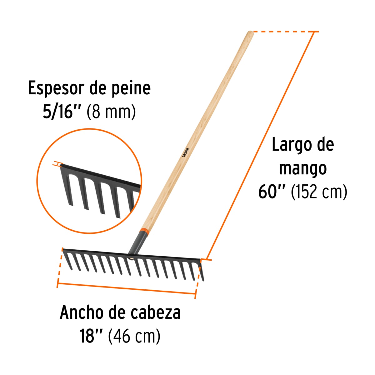 Rastrillo Reforzado 16 Dientes Mango 60