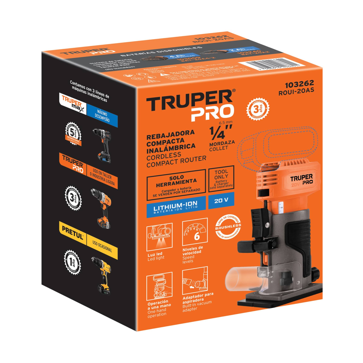 Ruteadora Fresadora 1/4 Inalámbrica 20Vol Sin Bat Truper 1032626