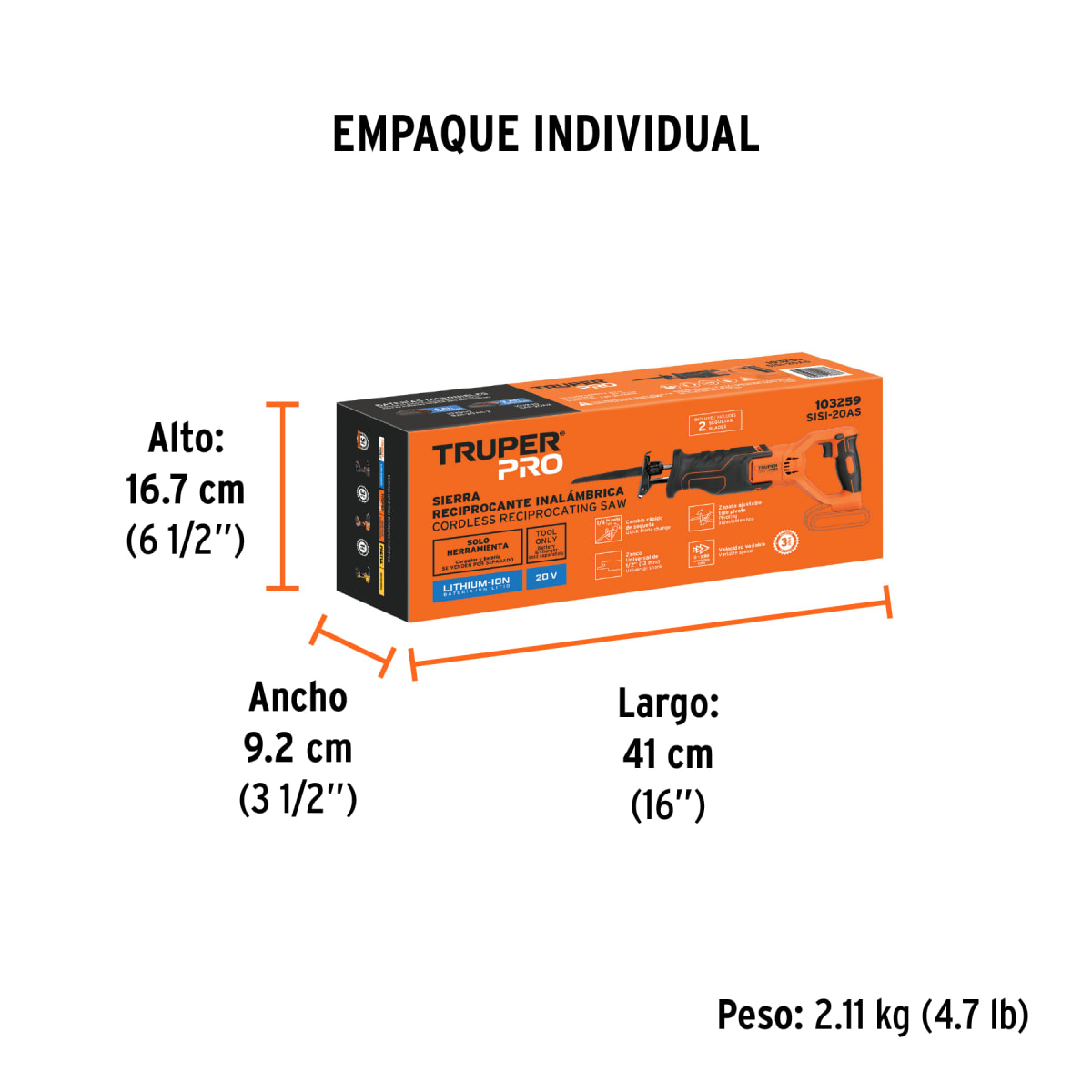 Sierra sable Inalámbrica 20Vol Sin Bat Truper 1032593