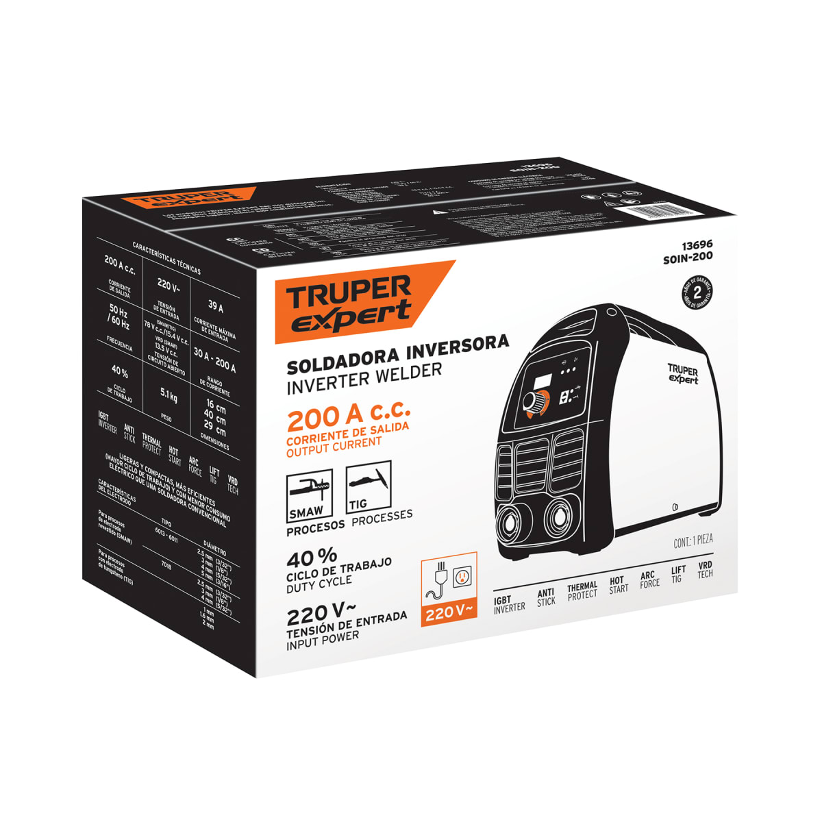 Soldadora Inversora 220V 30-200A SMAW/TIG  Truper 136967
