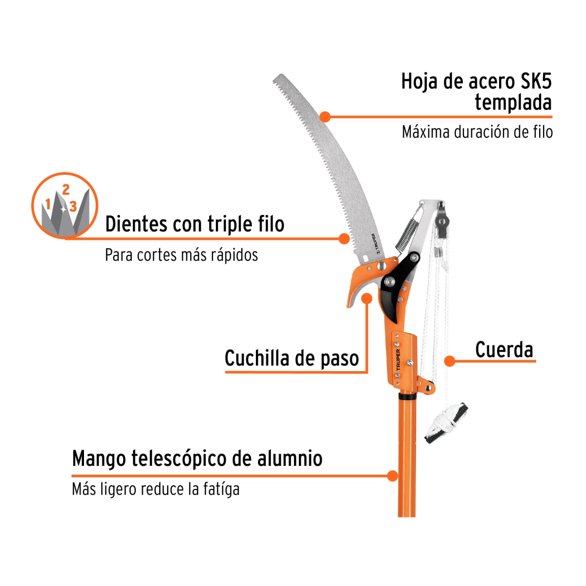 Tijera De Poda Cortador De Ramas Altas Mango Telescópico 2.40 m Truper 184092