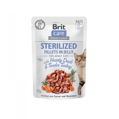 BRIT CARE STERILIZED CAT FILLETS IN JELLY HEARTY DUCK & TENDER TURKEY 85 G